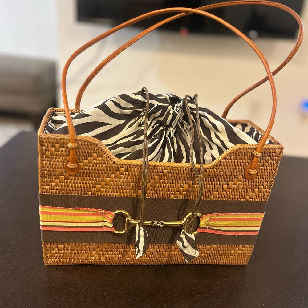 Woven Rattan Zebra-Print Drawstring Tote - Brown & Zebra, brass bit on front